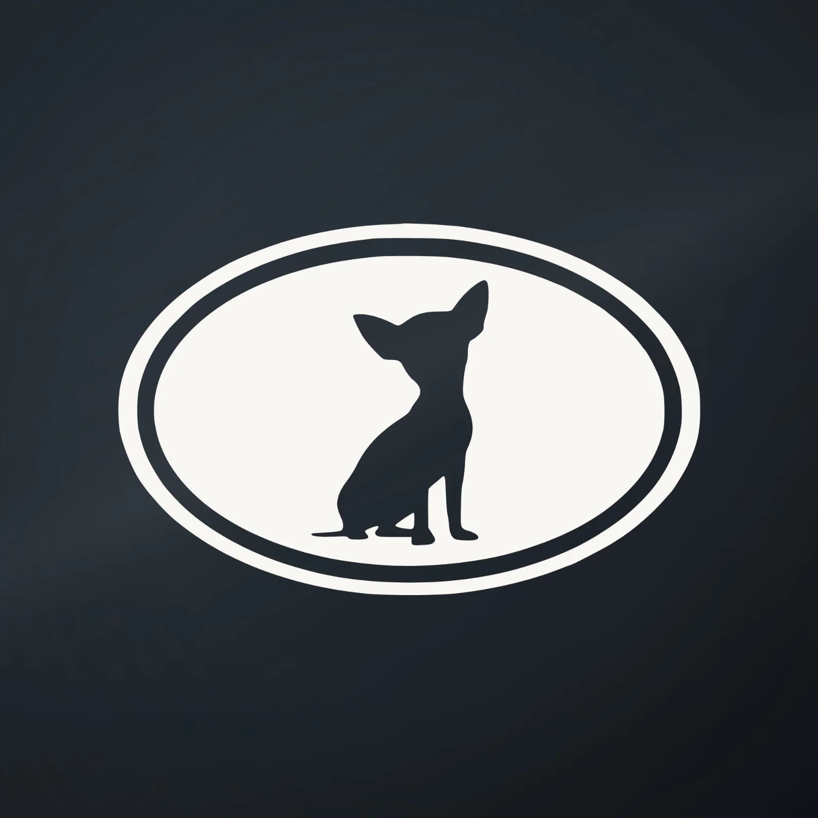 Illustration of the Chihuahua Euro Oval decal, a sitting Chihuahua cut out of a solid oval inside a thin ring
