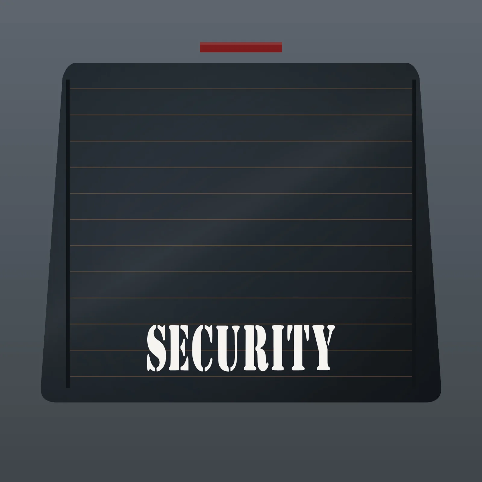 Illustration of the Security decal in stencil capitals along the bottom of a dark rear window